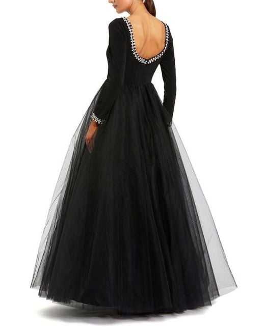 Mac Duggal Black Embellished Jersey Long Sleeve Ballgown With Tulle Skirt