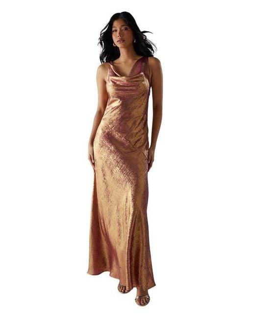 Warehouse Women's Brown Metallic Lame Cowl Neck Maxi Dress