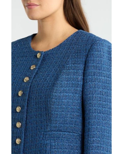Tahari Blue Collarless Bouclé Jacket