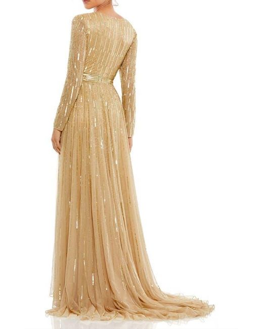 Mac Duggal Natural Sequined Long Sleeve Plunging V-Neck Gown