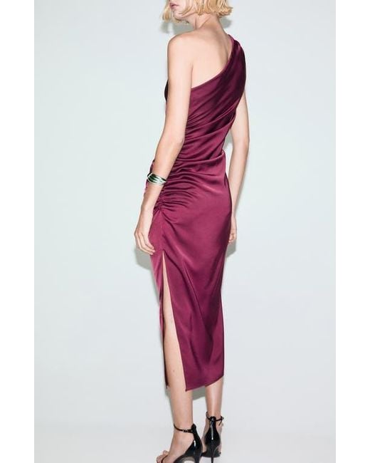 Mango Ruched One-Shoulder Satin Maxi Dress in Pink | Lyst