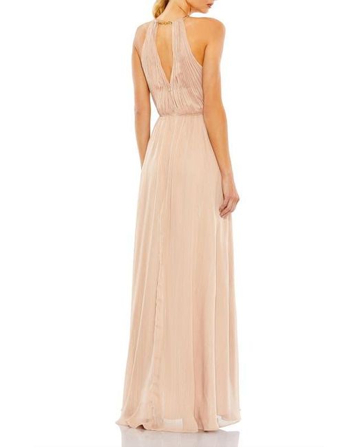 Mac Duggal Natural Chain Trim Keyhole Halter Neck A Line Gown