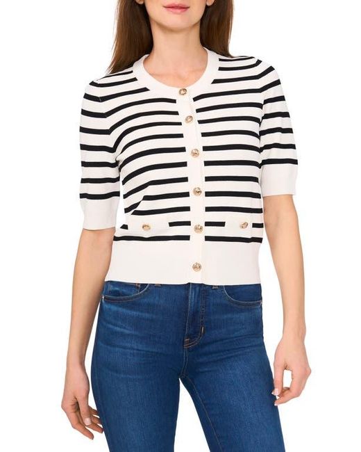 Cece White Stripe Short Sleeve Cardigan With Goldtone Buttons