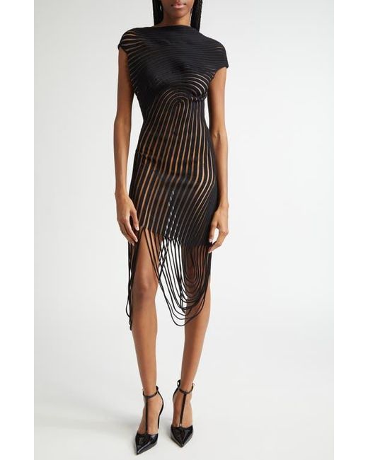 Ferragamo Transparent Rib Fringe Body-Con Dress in Black | Lyst