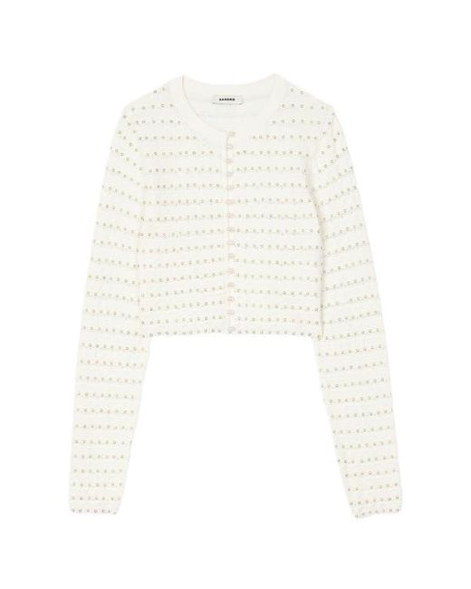 Sandro White Cropped Cardigan With Pearl Buttons
