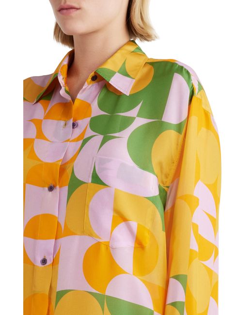 Dries Van Noten Yellow Retro Print Long Sleeve Silk Midi Shirtdress