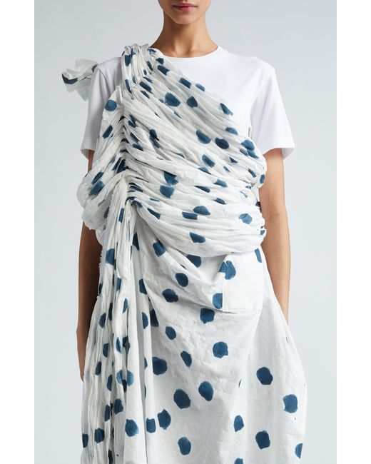 Tao Comme Des Garçons White Polka Dot Shirred Asymmetric One-shoulder Cotton Dress