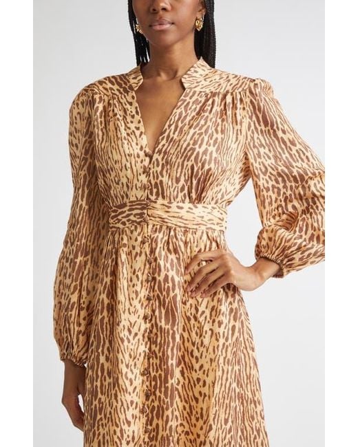 Zimmermann Cascadian Leopard Print Long Sleeve Linen Midi Dress in Natural | Lyst Zimmermann Cascadian Leopard Print Long Sleeve Linen Midi Dress in Natural | Lyst