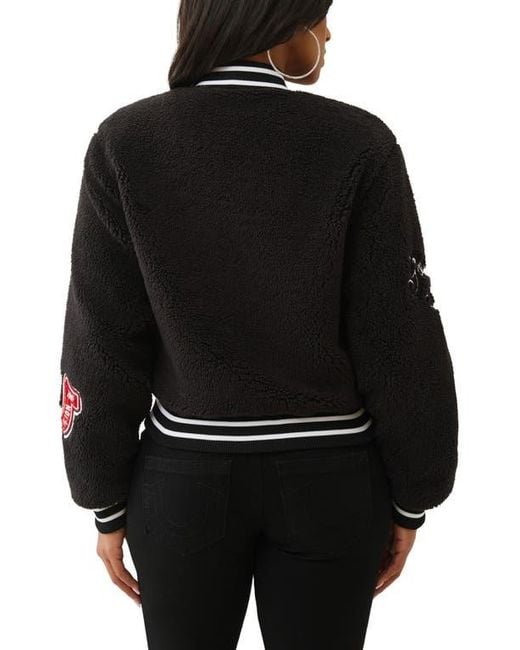 True Religion Black Varsity Chenille Bomber Jacket