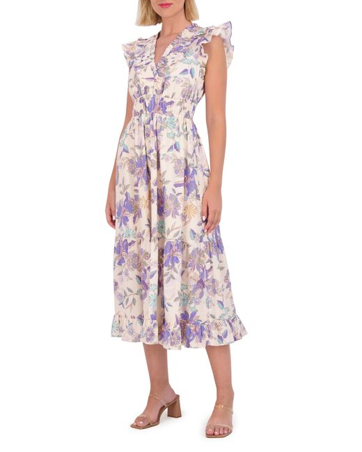 Vince Camuto Pink Floral Ruffle Cotton Midi Dress