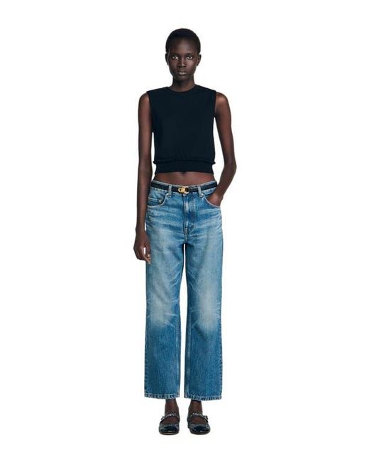 Sandro Blue Ruffled Cropped Sweater