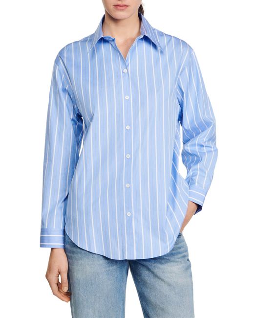 Sandro Blue Davie Stripe Lace Accent Open Back Cotton Button-up Shirt
