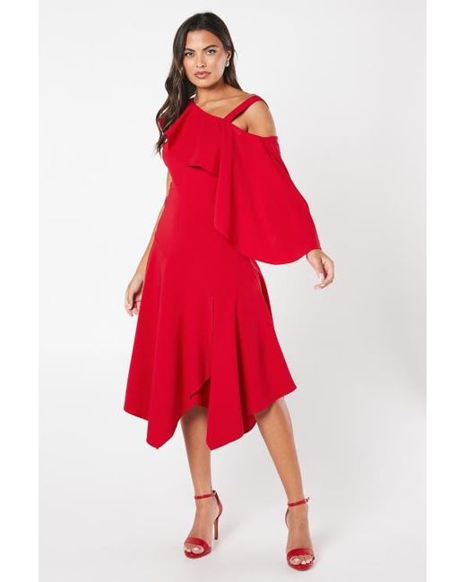 Coast Red One Shoulder Ruffle Crepe Midi Dress