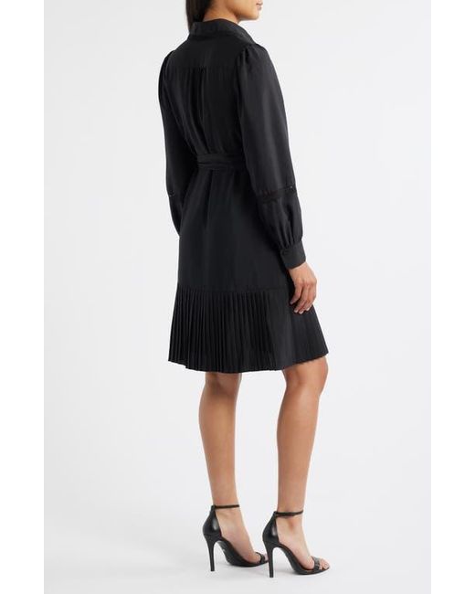 Eliza J Lace Detail Long Sleeve Pleated Shirtdress in Black | Lyst