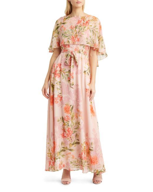 Eliza J Floral Capelet Overlay Tie Waist Maxi Dress in Pink | Lyst