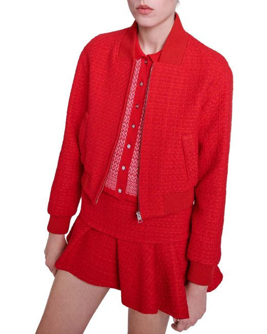 Maje Red Bala Front Zip Tweed Jacket