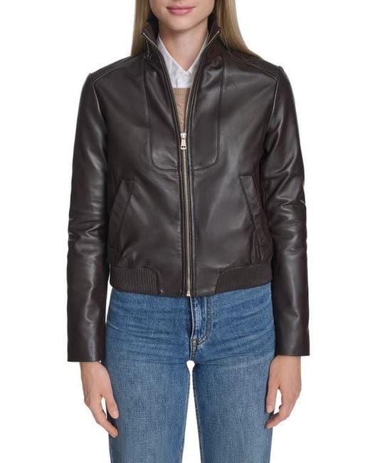 Cole Haan Women's Black Stand Collar Leather Bomber Jacket