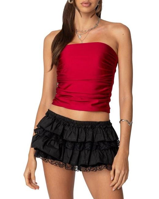 Edikted Red Maxeen Shiny Ruched Tube Top