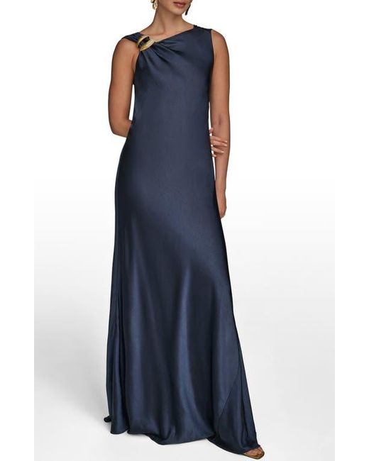 Donna Karan Blue Asymmetric Cowl Back Satin Gown