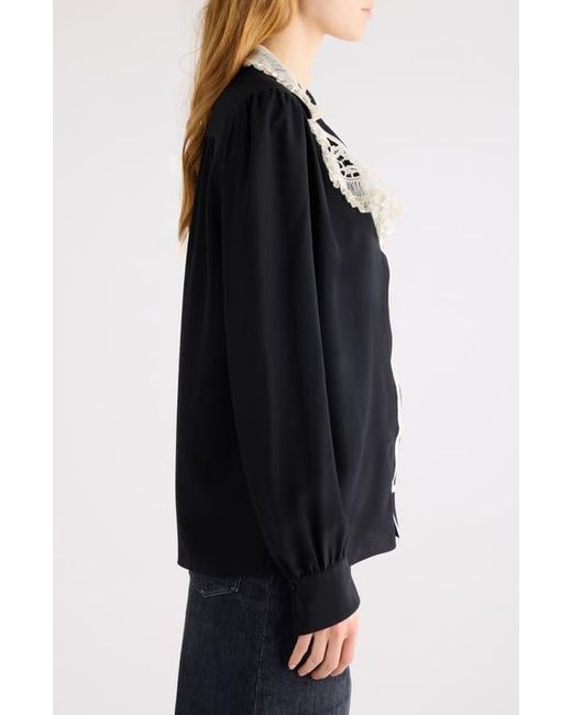Chloé Black Silk Crêpe De Chine & Lace Ruffle Collar Button-Up Shirt