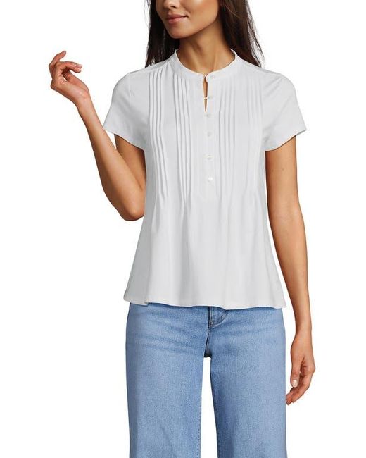 Lands' End White Short Sleeve Lightweight Jersey Button Pintuck Top