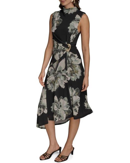 Donna Karan Black Floral Side Ruched Asymmetric Hem Dress