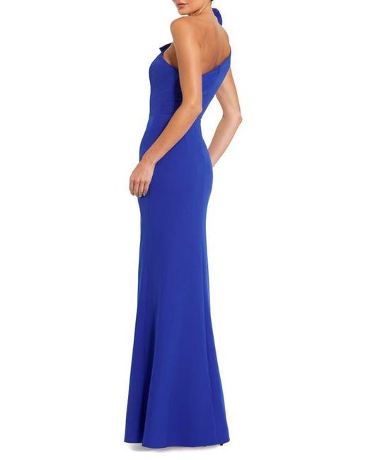 Mac Duggal Blue Crepe One Shoulder Fitted Gown With Bow
