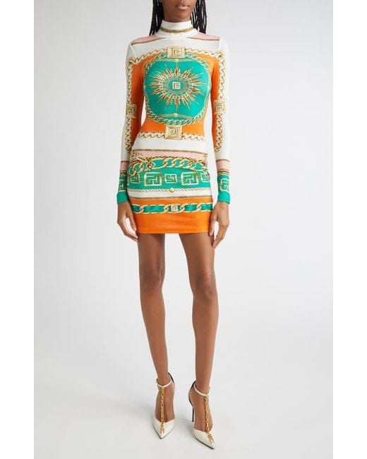 Balmain Green Foulard Print Long Sleeve Body-Con Minidress