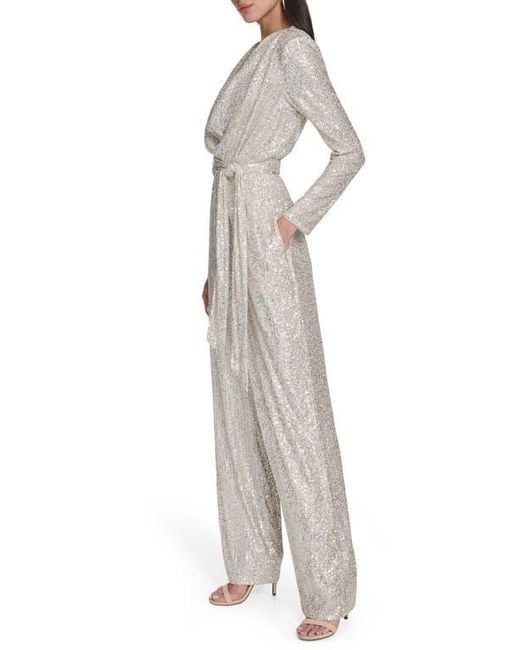 Eliza J Gray Draped Neck Long Sleeve Sequin Jumpsuit