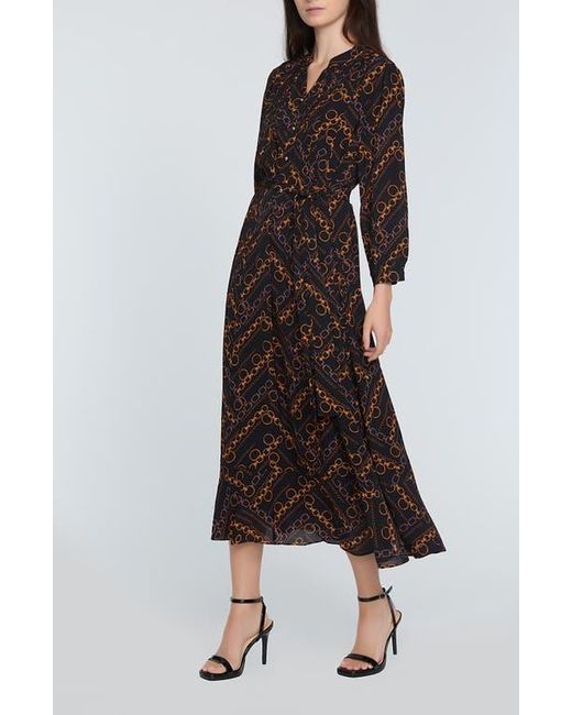 Tahari Black The Mila Chain Print Pleated Long Sleeve Stretch Silk Midi Dress