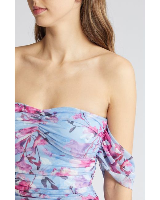 Bebe Purple Floral Ruched Off The Shoulder Mesh Gown