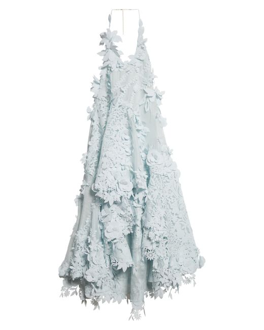 Zimmermann Blue Natura Laser Cut Linen & Silk Halter Dress