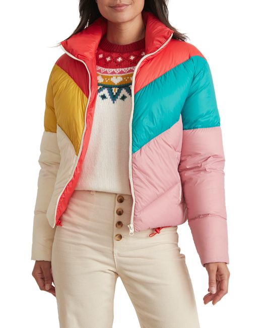 Marine Layer Big Sky Colorblock Chevron Down Puffer Jacket in Red | Lyst