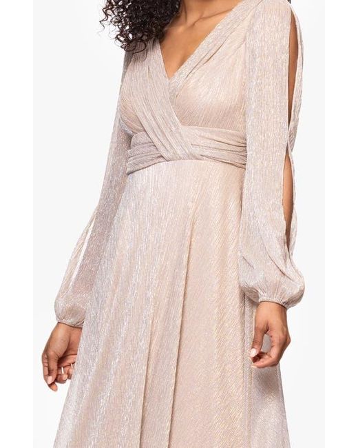 Betsy & Adam Multicolor Metallic Crinkle Long Sleeve A-Line Gown