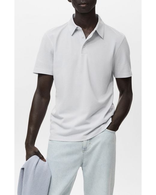 Mango White Solid Cotton Blend Piqué Polo for men
