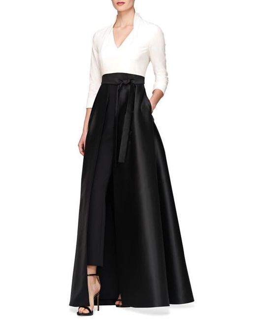 Kay Unger Sharon Tie Belt Three Quarter Sleeve Satin Maxi Jumpsuit in Black Lyst