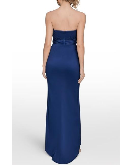 Donna Karan Blue Asymmetric Strapless Satin Gown