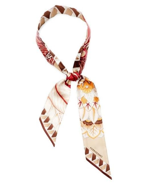 Ferragamo White Giada Print Skinny Silk Scarf