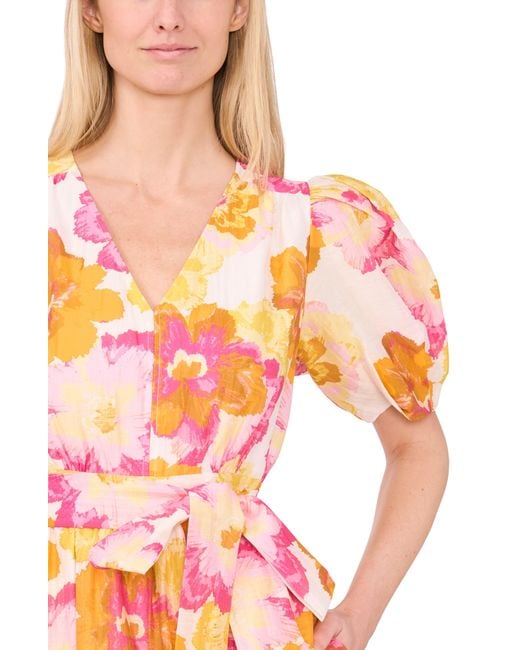Cece Orange Floral Puff Sleeve Maxi Dress