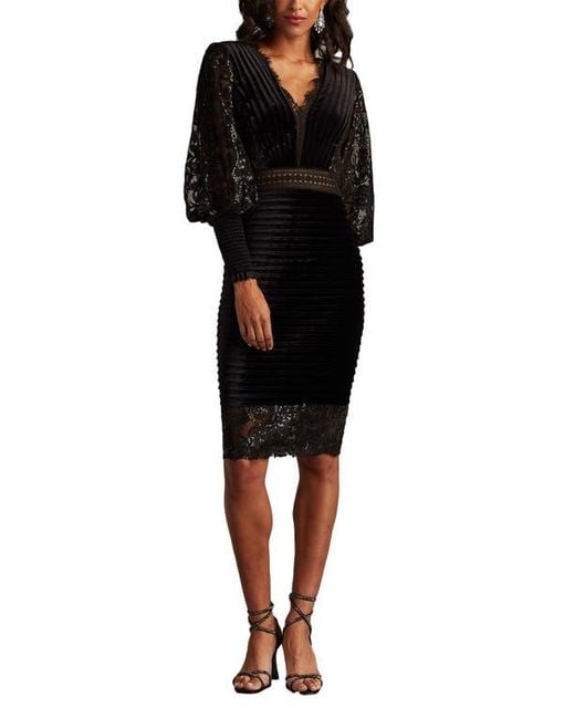 Tadashi Shoji Pleated Long Sleeve Velvet Cocktail Dress in Black