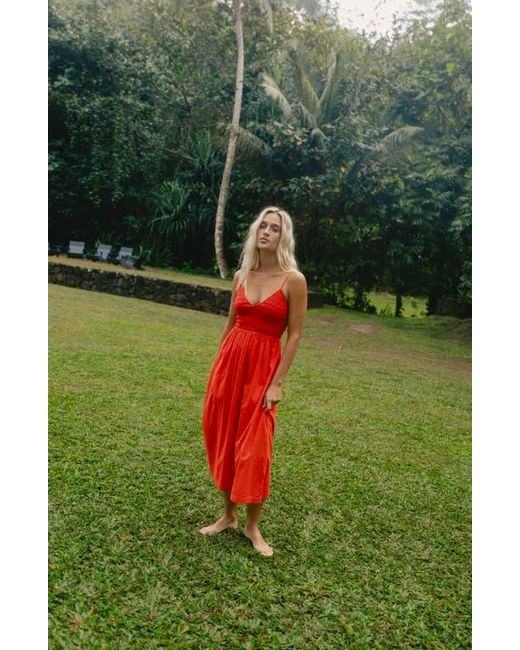 Billabong Red Such A Trip Smocked Bodice Cotton Midi Dress