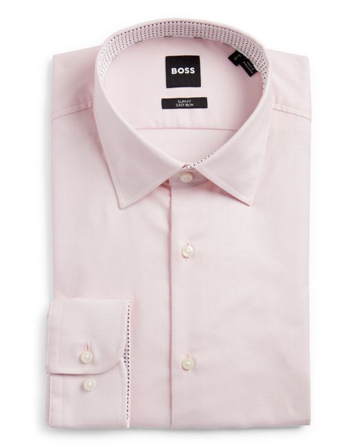 Boss Pink Hank Slim Fit Easy Iron Solid Stretch Dress Shirt for men