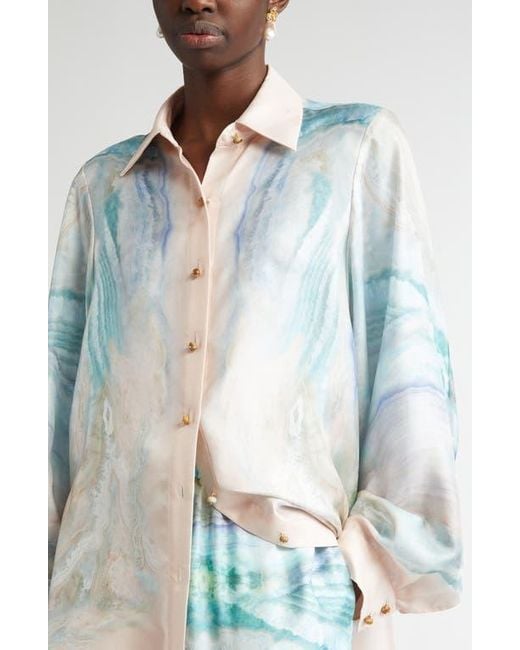 Zimmermann Blue Agate Print Silk Button-Up Shirt