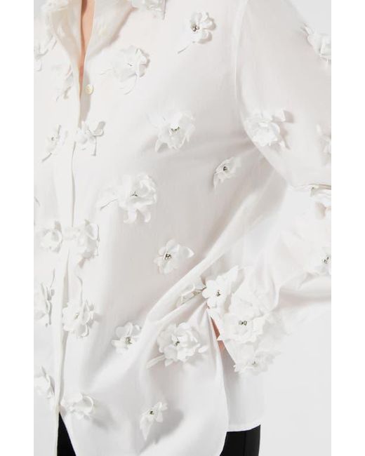 Marina Rinaldi White Fidato Crystal Flower Button-Up Shirt