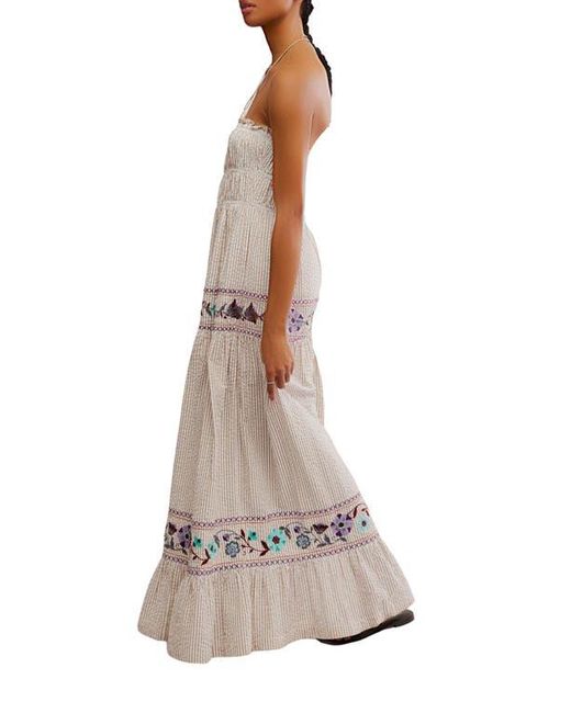 Free People Brown Kalani Stripe Embroidered Halter Neck Cotton Maxi Dress