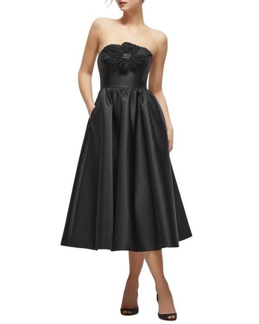 Dessy Collection Black Floral Embellished Strapless Fit & Flare Midi Cocktail Dress