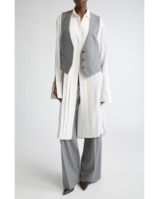 Michael Kors White Pleated Front Long Sleeve Silk Shirtdress
