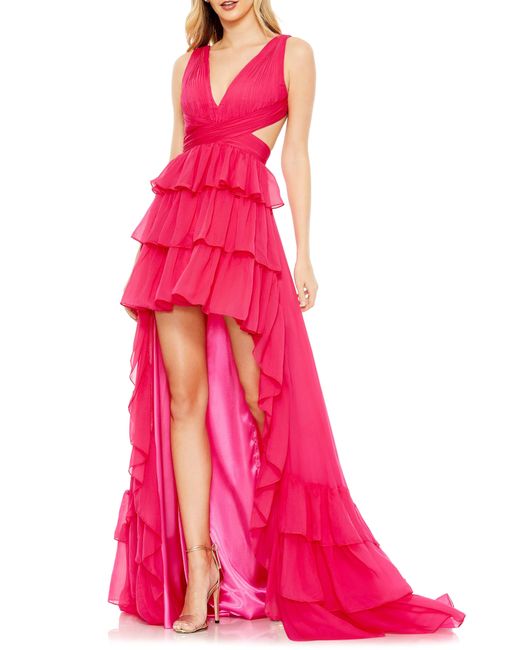 Mac Duggal Tiered V-neck High-low Chiffon Dress in Pink | Lyst