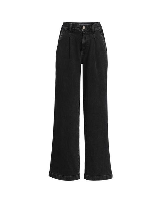 Lands' End Black High Rise Soft Denim Pleated Wide Leg Trousers