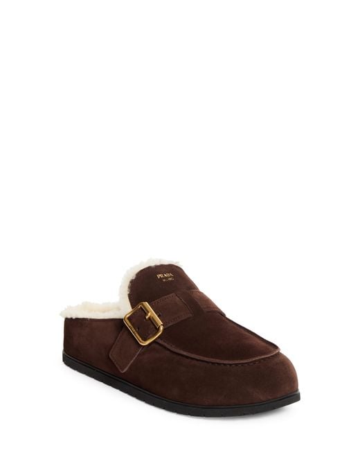 Prada Brown Genuine Shearling Buckle Mule
